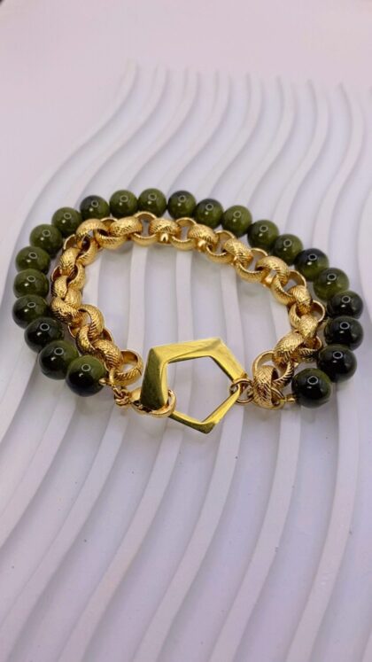 Βραχιόλι χαολίτης με φυσικά νερά, χρυσές λεπτομέρειες και ανοξείδωτο ατσάλι