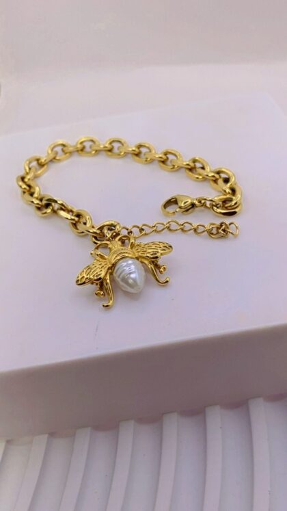 Βραχιόλι Μέλισσα με Πέρλα Επιχρυσωμένο 21Κ